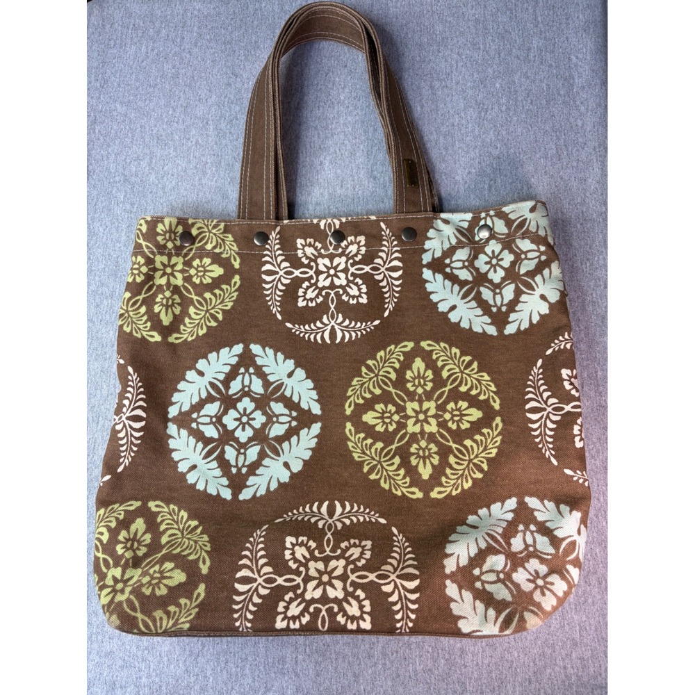 Saltbox Brown Canvas Tote Bag Floral Medallion Print Shoulder Bag Large
